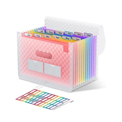 Afbeelding van ThinkTex Accordeon File Organizer, 12 vakken uitbreidende bestandsmappen, draagbare maandelijkse factuur ontvangstbewijsorganizer, kleurrijke tabbladen, brief/A4 formaat