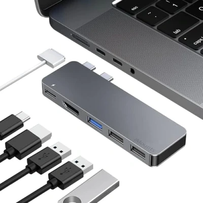 Afbeelding van iMounts USB C hub MacBook Air/Pro 2022 en 2023 HDMI USB3.0 Thunderbolt 3 Space Gray