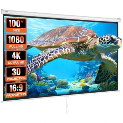Afbeelding van VEVOR Handmatig Pull Down Projectiescherm, 100 inch 16:9 4K 1080 HD Intrekbaar Automatisch vergrendelend Draagbaar Draagbare Projector Filmscherm voor Familie Home