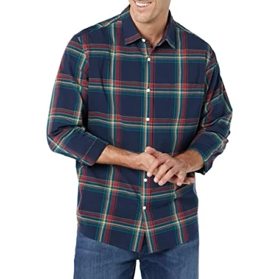 Afbeelding van Amazon Essentials Regular Fit Stretch Poplin overhemd met lange mouwen voor heren, marinerood, groenblauw geruit