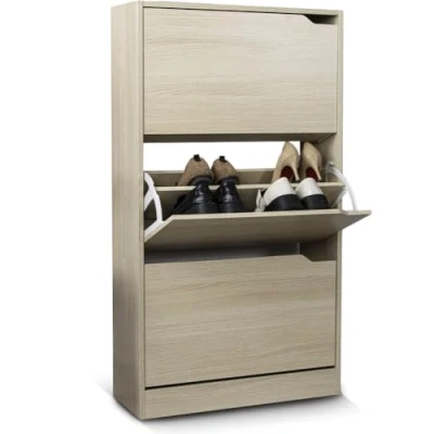 Afbeelding van BAKAJI Schoenenrek van MDF hout met 3 deuren, inklapbare schoenenhouder, intrekbare handgrepen, dubbele diepte, compact formaat, smal, 63 x 24 115 cm, ruimtebesparend, entree (Ulm)