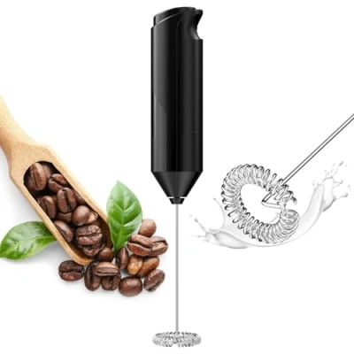 Afbeelding van Uootach Elektrische melkopschuimer, roestvrijstalen draagbare werkt op batterijen, voor cappuccino, matcha, schuimkoffie, melk (zwart)