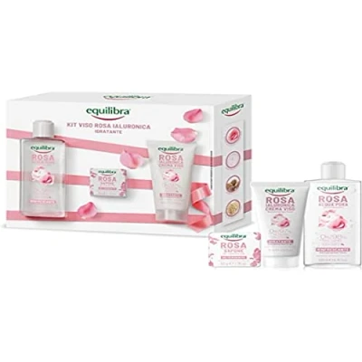 Afbeelding van equilibra Gezichtsset, roze hyaluronzeep, hydraterend, water, 100% plantaardige zeep, hydraterende gezichtscrème, geschenkdoos