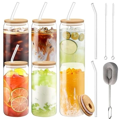 Afbeelding van Bubble Tea beker 6er set,blikvormige glazen bekers,Mason Jar met deksel en rietje,Drinkglazen bamboe deksels rietjes,ideaal voor water,cocktail,whisky,frisdrank