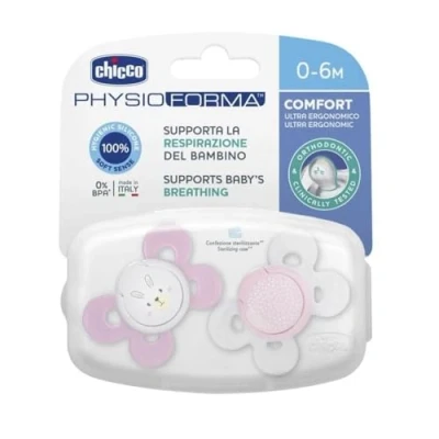 Afbeelding van Chicco PhysioForm Comfort fopspeen 0 6 maanden, voor meisjes met siliconen zuiger, ondersteunt fysiologische ademhaling en juiste mondontwikkeling, roze in verschillende kleuren, 2 stuks