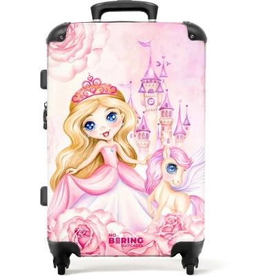 Afbeelding van NoBoringSuitcases.com® Kinderkoffer groot Kindertrolley koffer Prinses Kasteel Roze Rolkoffer lichtgewicht Reiskoffer met 4 wielen Grote trolley XL 20 kg bagage