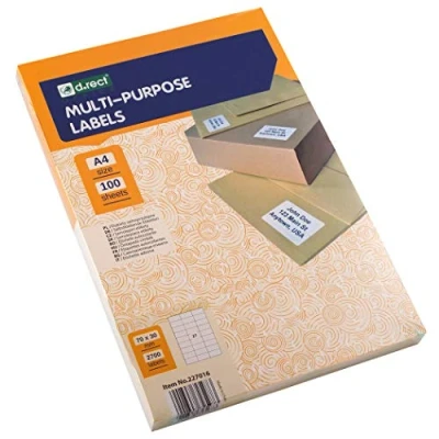 Afbeelding van D.RECT universele zelfklevende etiketten (70 x 30 mm op DIN A4) bedrukbaar zelfklevend 100 vellen/verpakking 27 etiketten/vel 2700 stuks wit