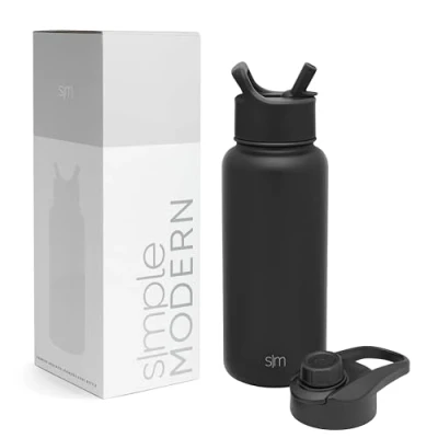 Afbeelding van Simple Modern Waterfles met rietje en Chug deksel, geïsoleerde roestvrijstalen thermoskan voor sportsportschool, Summit Collectie, 950 ml, middernacht zwart