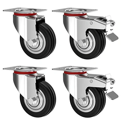 Afbeelding van RAVN HAMAN Set van 4 Zware wielen 100 mm Zwenkwielen met rem tot 280 kg Massief rubber industriële voor binnen en buiten gebruik Trolley Meubelwielen 130 totale hoogte