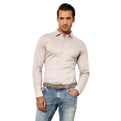 Afbeelding van Desoto Overhemd Strijkvrij Kent Melange Beige maat M Heren Overhemden Formeel met Slim fit Pasvorm Katoen