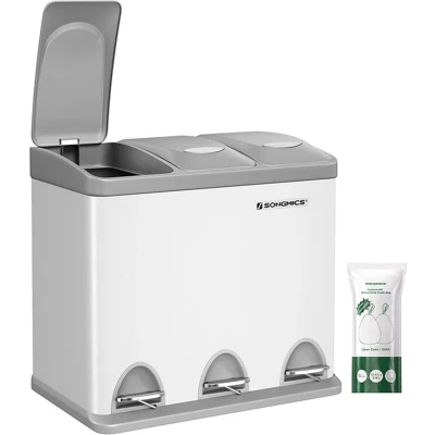 Afbeelding van SONGMICS Keukenafvalemmer, metalen pedaalemmer, 3 in 1 afvalemmer, 24 liter, afvalscheiding, afvalscheidingssysteem, eenvoudig te reinigen, staal, wit