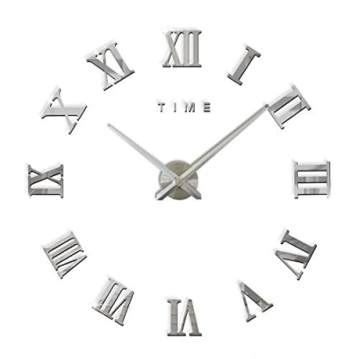 Afbeelding van FAS1 Moderne doe het zelf grote wandklok horloge sticker 3D stickers Romeinse cijfers thuiskantoor verwijderbare decoratie voor woonkamer zilver (batterij NIET inbegrepen)