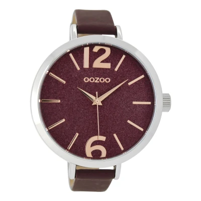 Afbeelding van OOZOO Timepieces Zilverkleurige horloge met bordeaux rode leren band C9193