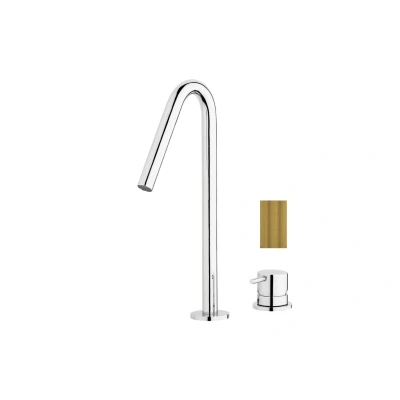 Afbeelding van Waterevolution Flow 2 gats wastafelkraan geborsteld messing met hoge V 227mm uitloop T1122VLE