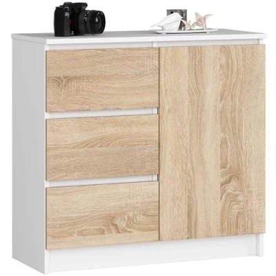 Afbeelding van AKORD Commode K 80 Jerry met 3 laden Kast 2 planken en 1 deur Voor de woonkamer slaapkamer Modern 16mm gelamineerde plaat 80x77x35 cm White Sonoma eiken front