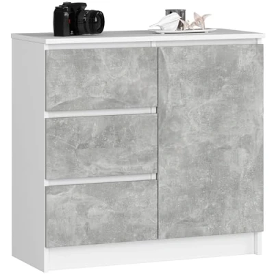 Afbeelding van AKORD Commode K 80 Jerry met 3 laden Kast 2 planken en 1 deur Voor de woonkamer slaapkamer Modern 16mm gelamineerde plaat 80x77x35 cm White betonnen front