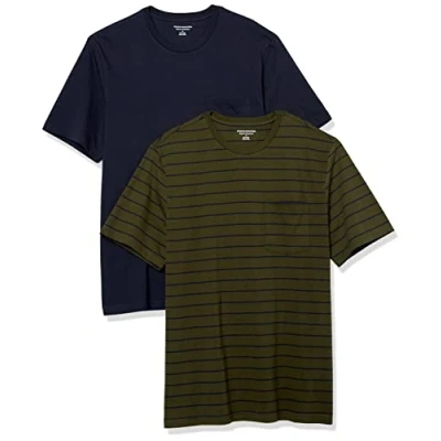 Afbeelding van Amazon Essentials Heren Regular Fit T shirt met korte mouwen en ronde hals, 2 stuks, marineblauw/olijfgestreept, 6X Large Big Tall