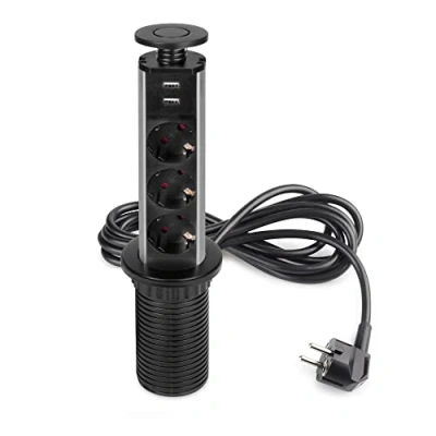 Afbeelding van Emuca Inschuifbare multiconnector Vertikal,3 EU/ 2 USB stekkers, Zwart, Plastic en aluminium