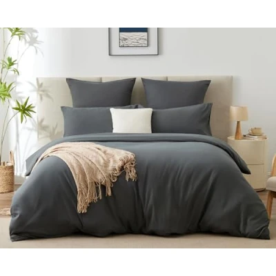 Afbeelding van WAVVE Dekbedovertrek 200 x cm met 2 kussenslopen 65 cm, beddengoedset voor tweepersoonsbed 140 190 ritssluiting, dekbedovertrekset van microvezel, donkergrijs