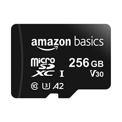 Afbeelding van Amazon Basics Micro SDXC geheugenkaart, 256 gb, met SD adapter, A2, U3, leessnelheid tot 100 MB/s, zwart