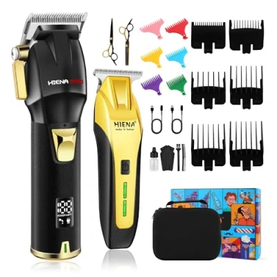 Afbeelding van HIENA PRO Professionele kappersset, tondeuse voor mannen, haarknipset, oplaadbare draadloze en trimmerset, haarknipset met LED display, opladen via USB, geschenken zwart