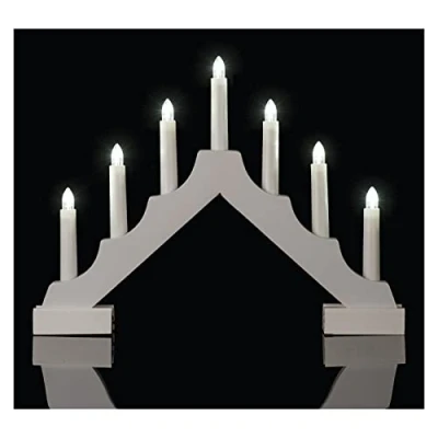 Afbeelding van EMOS Houten led kandelaar in wit, klassieke met 7 ledlampen, werkt op batterijen, 2 x AA, binnen IP20, 6/18 uur timerfunctie, 35 29 cm