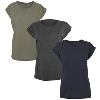 Afbeelding van Build Your Brand Dames T Shirt Multipack Ladies Extended Shoulder Tee 3 pack verkrijgbaar in vele kleurvarianten, maten XS 5XL, Cha/Oli/Nvy,