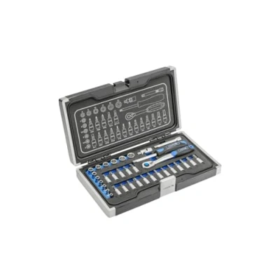 Afbeelding van Högert gereedschapsset gereedschapskoffer gereedschap dopsleutelset schroevendraaier ratel zwart blauw, 1/4 inch, HT1R464