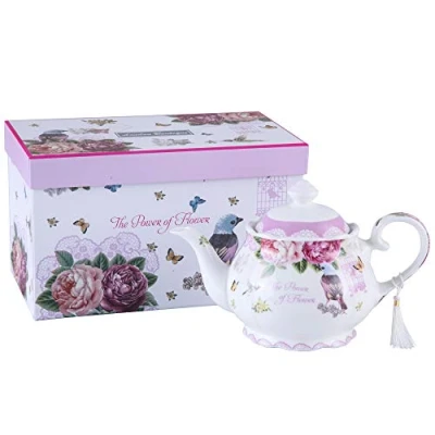 Afbeelding van Theepotten, Grote Theepot Melkkruik Suikerkom Middag Theeset Theepotten Set Nieuwe Bone China Vintage Flora Gift voor Haar 1300ml (Theepot Vogel Rose Vlinder)