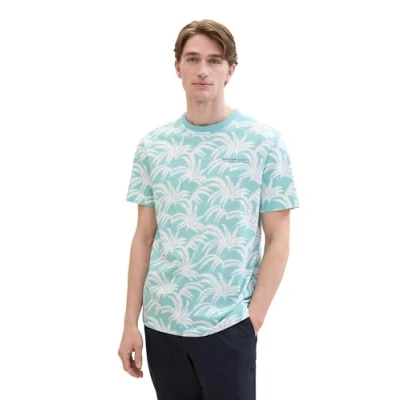 Afbeelding van TOM TAILOR Basic T shirt voor heren met all over print, 35413 Turquoise White Leaf Design, S