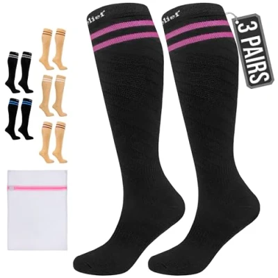 Afbeelding van 360 Relief Compressie Sokken klasse 1 voor Mannen en Vrouwen 15 20 mmHg Steunkousen langeafstandsvluchten, reizen, sporten, hardlopen, wandelen 3 Paar Compression Socks XXL Zwart met wasnet
