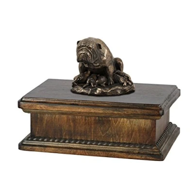 Afbeelding van Art Dog Custom Mama Sitting Statue Memorial Urn Handgemaakt koud gegoten brons op berkenhouten voet 24,5x29x21cm 5l Mopshond