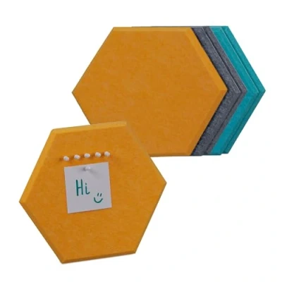 Afbeelding van Relaxdays prikbord vilt, set van 6, hexagon, zelfklevend, kantoor, HxBxD: 26x30x0,9 cm, incl. punaises, geel/grijs/blauw