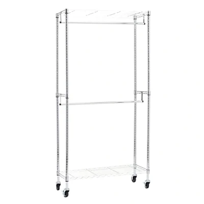 Afbeelding van Amazon Basics Dubbele kledingstang, open met wielen en in hoogte verstelbare planken, maximaal gewicht 181 kg, chroomkleurig, 91 cm L x 35,5 B 183 H