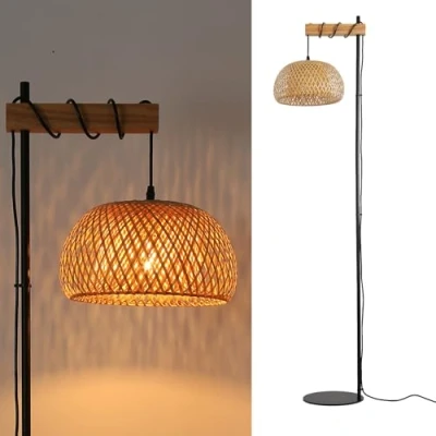 Afbeelding van Alpinaluz Vloerlamp met lampenkap van natuurlijk vlechtwerk, handgemaakt, zwarte structuur en hout, ultradunne sokkel, voetschakelaar, moderne boho stijl, hoogte 157 cm, E27