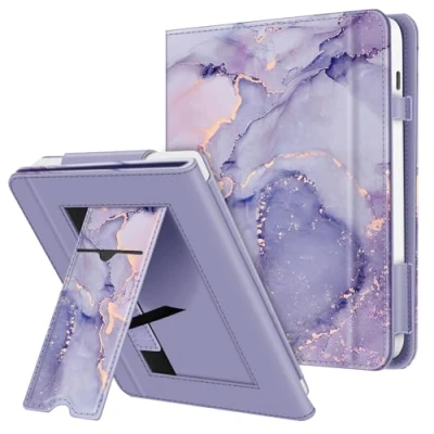 Afbeelding van Fintie Hoes voor Tolino Vision Color (2024)/Vision 6 (2021) &amp; Kobo Libra Colour (2024)/Libra 2 7 inch Kickstandhoes met kaartenvak, handlus en automatische slaap/waak, lila marmer