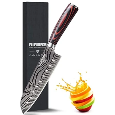 Afbeelding van AIRENA Japans Santoku mes, 20 cm koksmes, professioneel Duits koolstof roestvrij staal, extra scherp lemmet met ergonomische handgreep, ideaal voor thuis en keuken