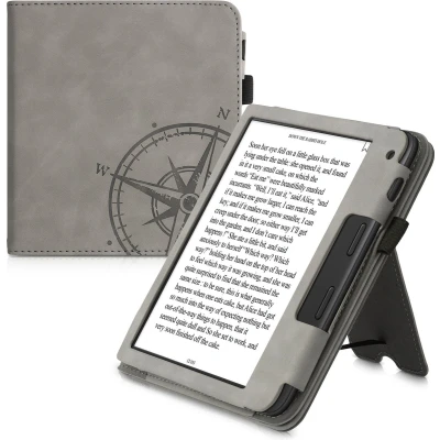 Afbeelding van kwmobile e reader hoesje compatibel met Tolino Vision 6 Ereader case van kunstleer Vintage Kompas in grijs