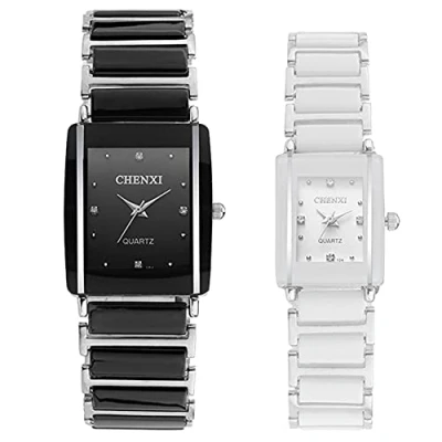 Afbeelding van JewelryWe Heren Dames Paar Polshorloge Quartz Analoog Rechthoekig Keramische Band Partner Vriendschap Horloge met Strass Zwart Wit Geschenk Valentijnsdag, paar., armband