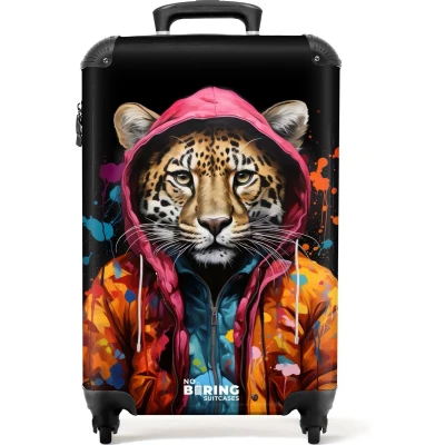 Afbeelding van NoBoringSuitcases.com® Handbagage koffer lichtgewicht Reiskoffer trolley Luipaard met kleurrijke jas en verfspetters Rolkoffer wieltjes Past binnen 55x40x20 55x35x25
