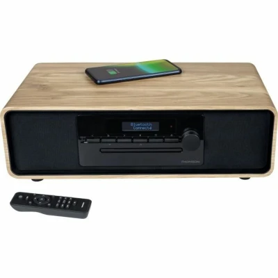 Afbeelding van Bluetooth microsysteem THOMSON Hout/Zwart FM Radio/DAB+/CD/MP3/USB/Inductie, 75W, LCD display, Afstandsbediening, Voeding. 230V