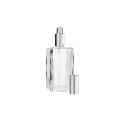 Afbeelding van Fantasia parfumfles leeg 100 ml met verstuiverpomp, hoekige fles van helder glas om zelf te vullen, parfumverstuiver en dop in zilver, navulbaar tot