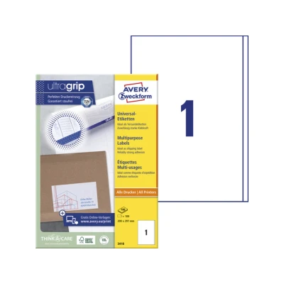 Afbeelding van AVERY Zweckform 3418 universele etiketten (100 zelfklevende etiketten, 200x297mm op A4, papier mat, bedrukbare verzendlabels, verzendstickers met ultragrip, DHL) 100 vel, wit