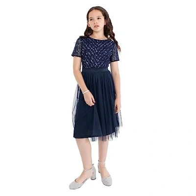 Afbeelding van Maya Deluxe Midi jurk voor meisjes bruiloft met lovertjes versiering korte mouwen prom verjaardagsfeestje bruidsmeisje, marineblauw, 3 4 jaar