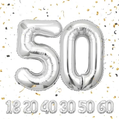 Afbeelding van Verjaardagscijfer ballon 50 jaar folieballon zilver in 40 101 cm verjaardagsdecoratie cijfer decoratie voor verjaardag vliegt met helium mannen en vrouwen 50e
