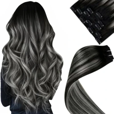 Afbeelding van LaaVoo Clip in Hair Extensions Human 5pcs 80g 16Inch Zwart met Natuurlijke Zilveren Haarextensies Remy Naadloze Dubbele Weft #1b/s/1b
