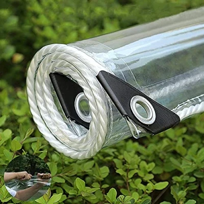Afbeelding van Dekzeil, pvc, waterdicht, transparant, met ingestanste ringen, weerbestendig, slijtvast, opvouwbaar, 0,35 mm, regenbescherming, dekzeil voor tuinmeubelen, planten, kas, hondenhok, 2,1 x 4 m