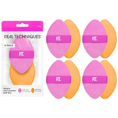 Afbeelding van REAL TECHNIQUES 4 Pack Miracle 2 in 1 poederdonsjes, dubbelzijdige make up blending puff, omkeerbare elastische band, precisie upspons en poederdons, voor vloeistof, crème poederproducten