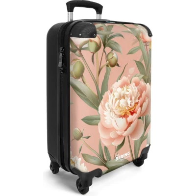 Afbeelding van NoBoringSuitcases.com® Handbagage koffer lichtgewicht Reiskoffer trolley Roze met pioenrozen Rolkoffer wieltjes Past binnen 55x40x20 en 55x35x25