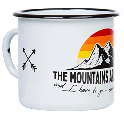 Afbeelding van MUGSY Mountains Are CALLING Witte emaille mok voor outdoor &amp; wandelfans, met bergenmotief, onbreekbaar, 330 ml